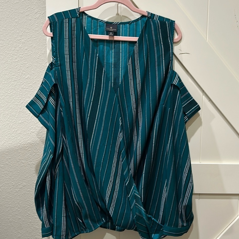 Worthington cold shoulder faux wrap green, white and black blouse.